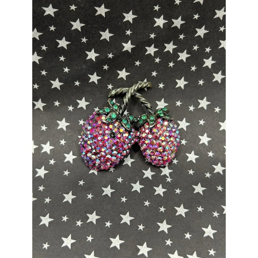Vintage Double Strawberry WEISS Brooch Pin Green & Red AB Rhinestones
